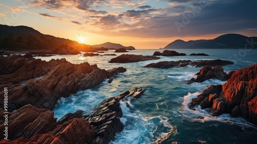 Stunning sunset over rocky seashores with waves crashing near tranquil coastal landscape