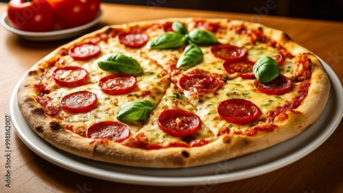  Deliciously cheesy pepperoni pizza with fresh basil leaves