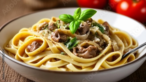  Delicious pasta dish with meat sauce and fresh basil