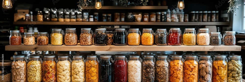Colorful jars of preserved foods line the shelves in a functional home pantry space Colorful jars of preserved foods line the shelves in a functional home pantry space