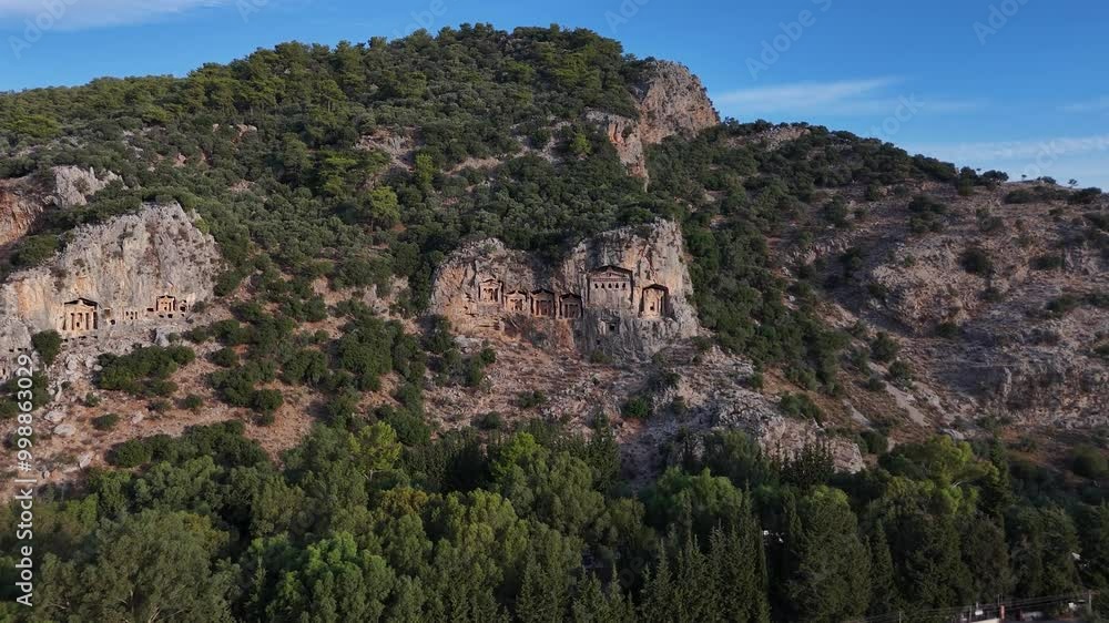 Aerial View of Kaunos King Tombs Carved into Rock in Dalyan Mugla, Turkey Aerial View of Kaunos King Tombs Carved into Rock in Dalyan Mugla, Turkey