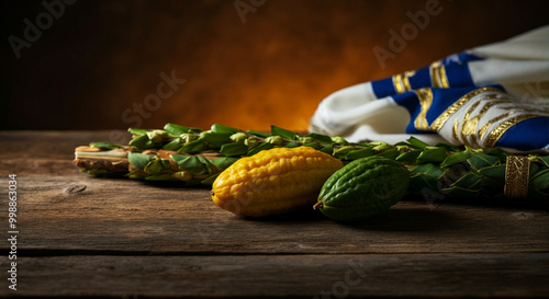 Citrus fruits Sukkot ritual with etrog and lulav on wooden table photo