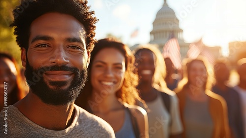 Diverse group of young Americans standing together in front of the Capitol building during sunset, future of the nation and democracy new beautiful stock image illustration AI