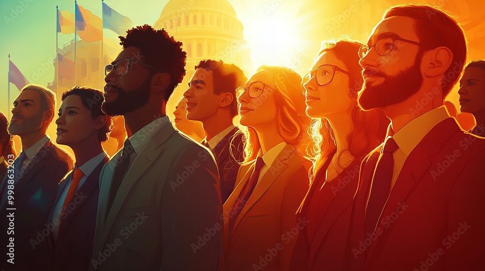 Diverse group of young Americans standing together in front of the Capitol building during sunset, future of the nation and democracy new beautiful stock image illustration AI Diverse group of young Americans standing together in front of the Capitol building during sunset, future of the nation and democracy new beautiful stock image illustration AI