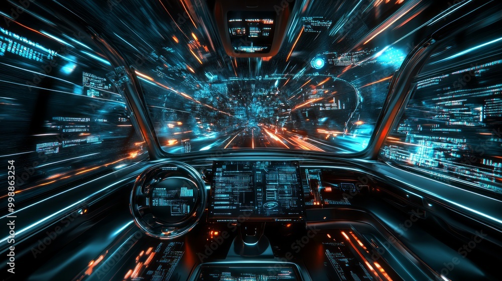 futuristic vehicle and graphical user interface(GUI). intelligent car. connected car. Internet of Things. Heads up display(HUD)