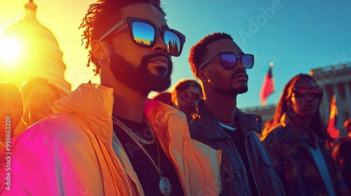 Diverse group of young Americans standing together in front of the Capitol building during sunset, future of the nation and democracy new beautiful stock image illustration AI