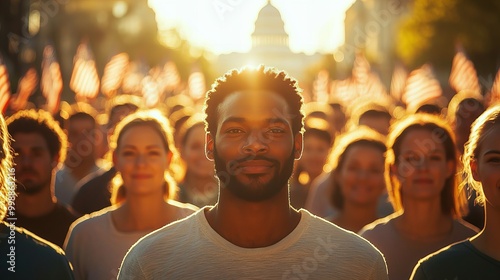 Diverse group of young Americans standing together in front of the Capitol building during sunset, future of the nation and democracy new beautiful stock image illustration AI