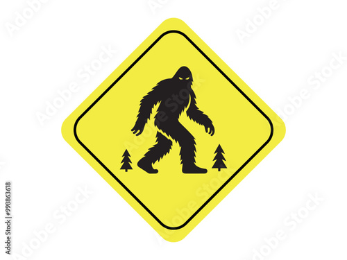 Sasquatch, Yetty, bigfoot crossing sign. Yellow and black vector simple illustration, sign, sticker, print
