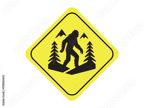 Sasquatch, Yetty, bigfoot crossing sign. Yellow and black vector simple illustration, sign, sticker, print