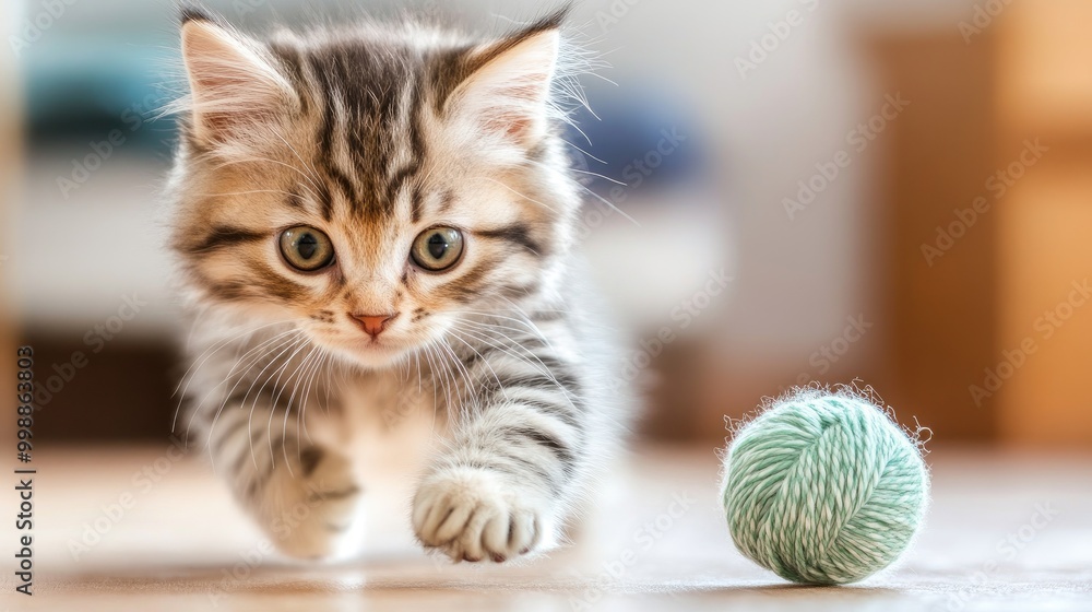 Playful Kitten Chasing Yarn Ball in Bright Room Playful Kitten Chasing Yarn Ball in Bright Room