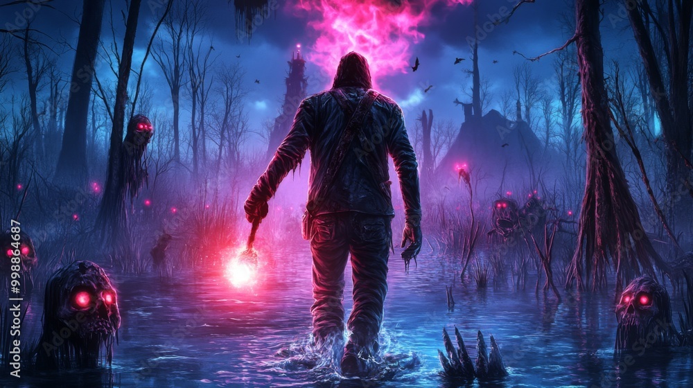 Enigmatic Wanderer in a Haunted Swamp, a digital art piece depicting a man with a glowing torch navigating a mysterious, fog-laden landscape, rich in detail and atmosphere.