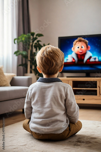 back view of little boy watching movie on television in living room at home photo