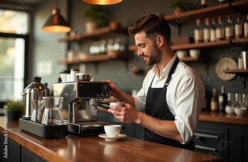 A male barista in a cafe makes coffee. Generative AI tools