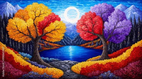Vibrant Autumn Forest, A semi-abstract depiction of colorful trees with yellow and red leaves surrounding a serene lake, capturing the essence of fall in a hand-painted impressionist style.