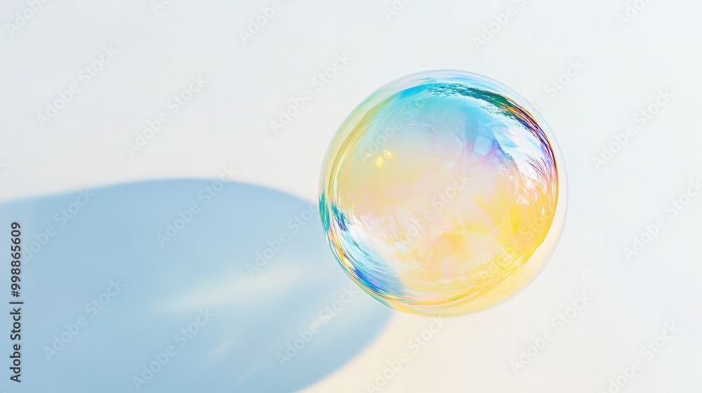 A delicate translucent soap bubble, hovering in the air with colorful reflections on its surface, set against a clean white background A delicate translucent soap bubble, hovering in the air with colorful reflections on its surface, set against a clean white background