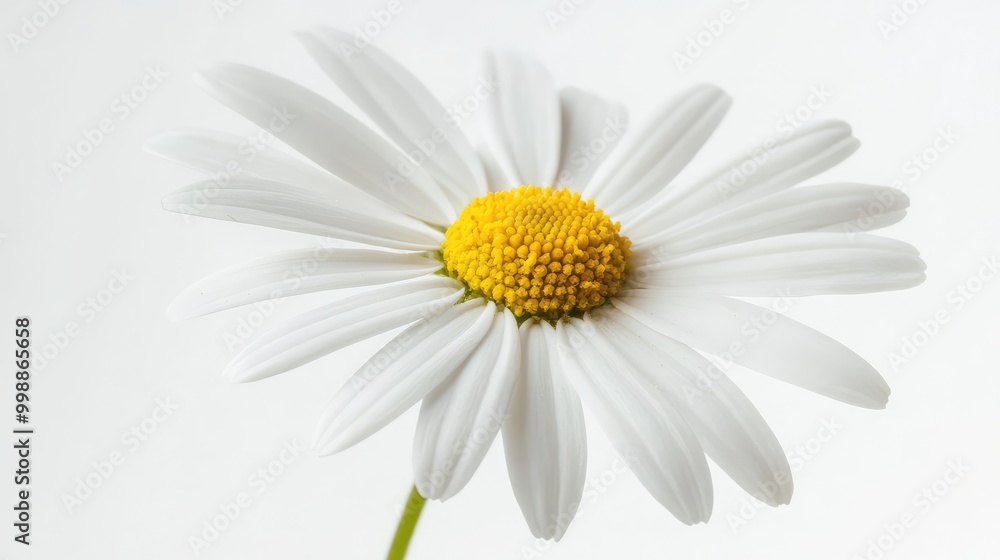 Fototapeta premium A delicate white daisy with a yellow center, the light gently passing through the translucent petals, set against a bright white backdrop