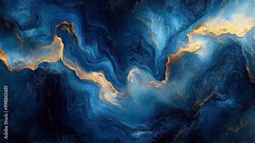A mesmerizing abstract pattern blending deep blues and warm golds, evoking a sense of tranquility and creativity.