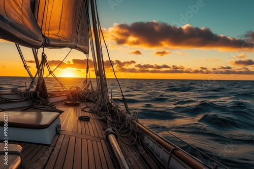 A beautiful sunset view from the deck of a sailing boat, with vibrant colors reflecting on the water.