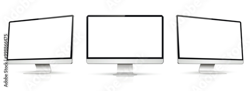Three monitor with empty display, realistic set device screen mockup