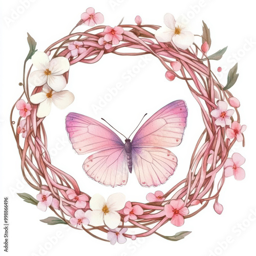 Delicate butterfly surrounded by floral wreath, perfect for spring themes, nature decor, or artistic projects.