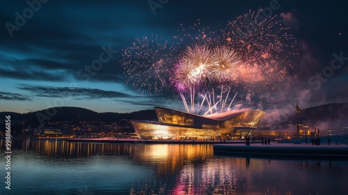 new year's eve in oslo, norway, with a fireworks display over the oslo opera house and the fjord, blending modern architecture with natural beauty. 