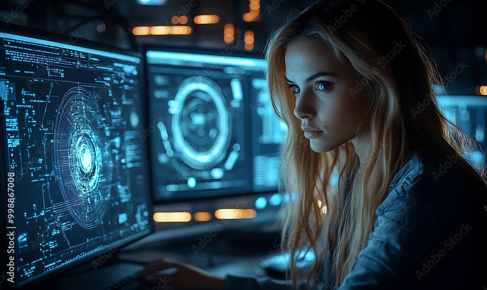 Female cyber security analyst analyzing AI cyberspace threats on computer in dark tech office data centre. Blue lighting. IT specialist ethical hacking Female cyber security analyst analyzing AI cyberspace threats on computer in dark tech office data centre. Blue lighting. IT specialist ethical hacking