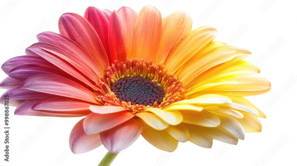 A multi-colored gerbera daisy, the petals transitioning from red to yellow with light shining through them, floating on a white background A multi-colored gerbera daisy, the petals transitioning from red to yellow with light shining through them, floating on a white background