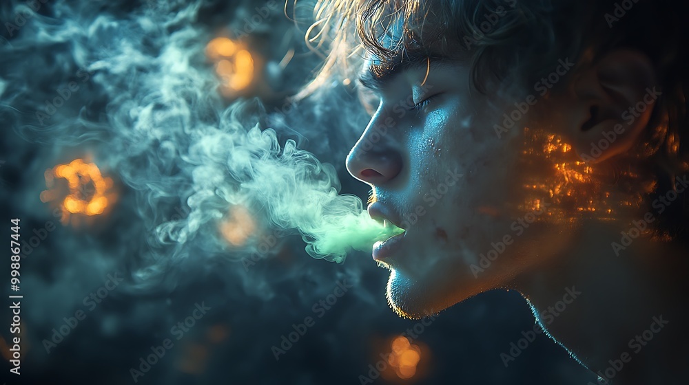 Young man exhales a cloud of green smoke with a dark background.