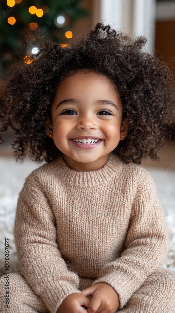 A happy child with curly hair sits on a soft rug, smiling joyfully while wearing a warm sweater A happy child with curly hair sits on a soft rug, smiling joyfully while wearing a warm sweater