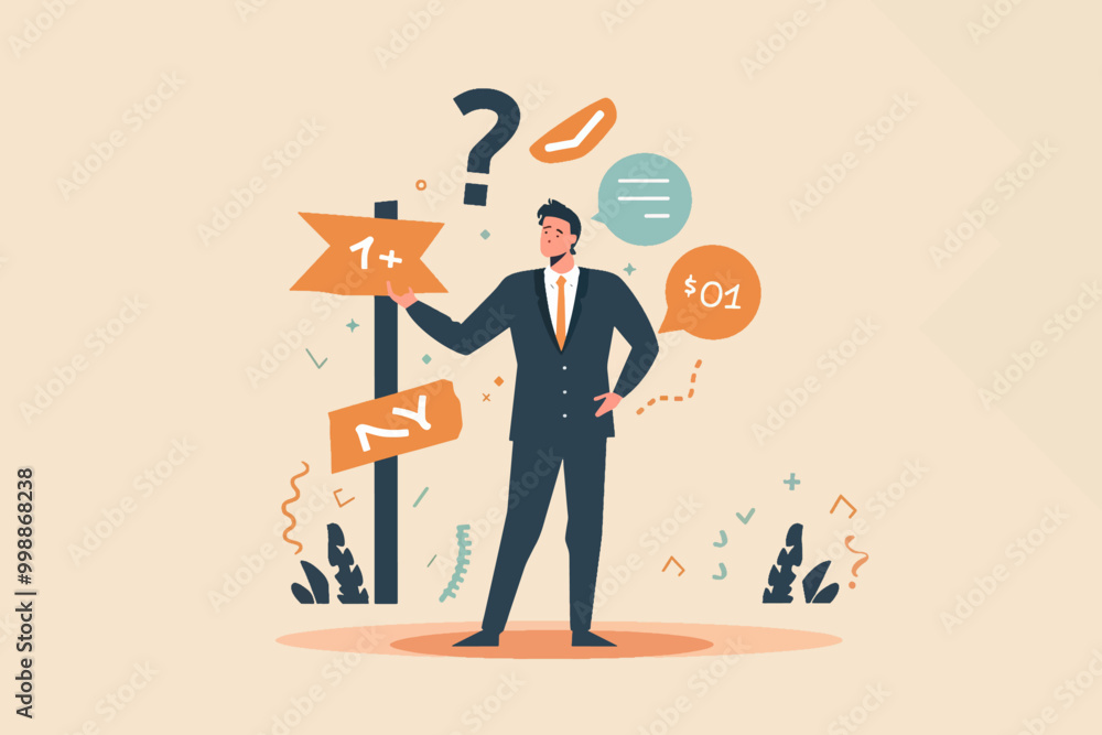Obraz premium Illustration of a businessman at a crossroads pondering choices, symbolizing decision making and uncertainty.