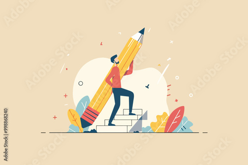 A man in a casual outfit climbs stairs holding a large pencil, representing creativity and personal development.