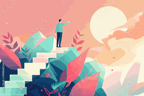 Illustration of a man standing on stairs surrounded by nature, gazing at a large sun, symbolizing hope and new beginnings.