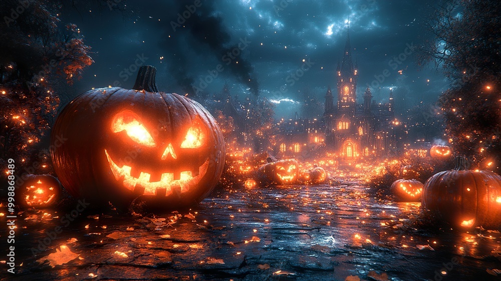 Spooky Halloween Night with Jack-O-Lanterns and a Castle Spooky Halloween Night with Jack-O-Lanterns and a Castle