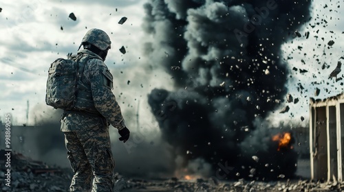 A military expert strategically placing C4 explosives on a structure, meticulously preparing for a controlled demolition operation