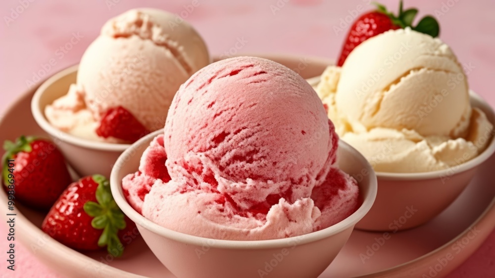 Deliciously refreshing strawberry ice cream with fresh strawberries on a pink plate Deliciously refreshing strawberry ice cream with fresh strawberries on a pink plate