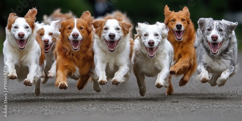 A group of dogs joyfully runs together, showcasing their enthusiasm and energy during training