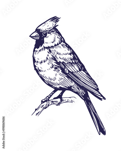Red cardinal, flying bird, realistic  illustrations, vector sketch, engraving style