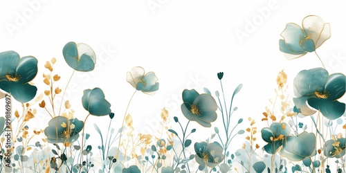Blue and gold flower field with a white background. The flowers are in various sizes and are scattered throughout the image