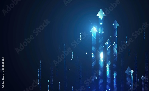 Blue background with a series of arrows pointing upwards. The arrows are spaced out and appear to be connected to each other. Concept of growth and progress photo