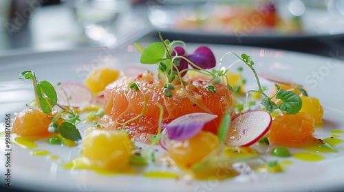 Luxurious gourmet dishes with vibrant colors and sophisticated presentation. Salad with salmon