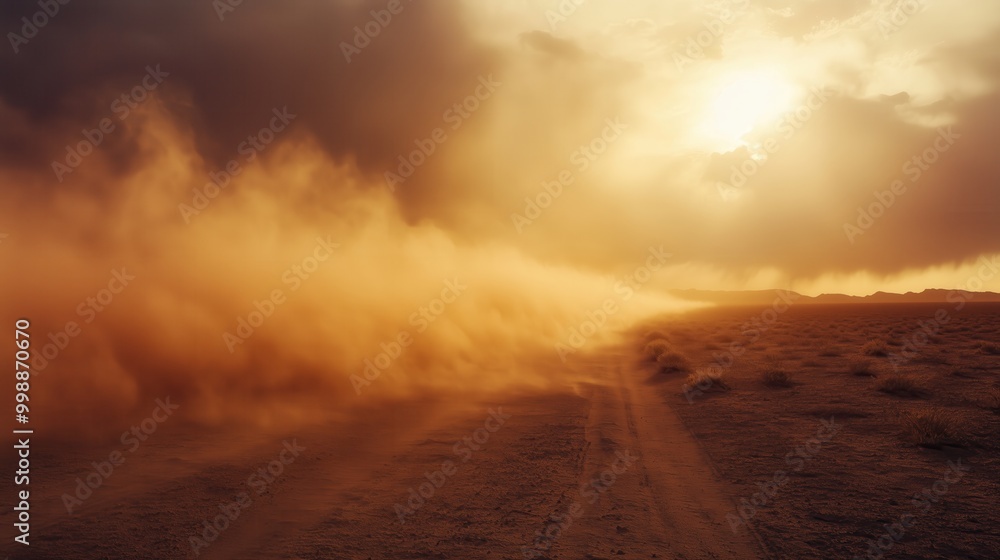 Dusty road with a cloud of dust blowing in the wind. The sky is cloudy and the sun is setting Dusty road with a cloud of dust blowing in the wind. The sky is cloudy and the sun is setting