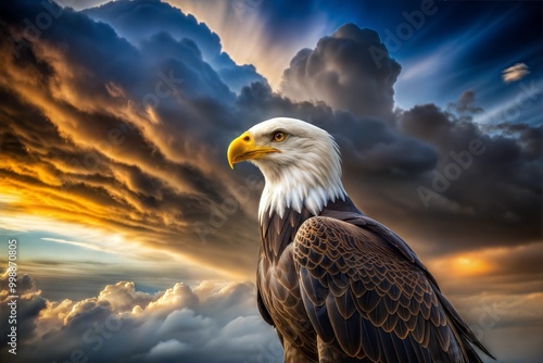 Bald eagle soaring with wings spread wide against sunset photo