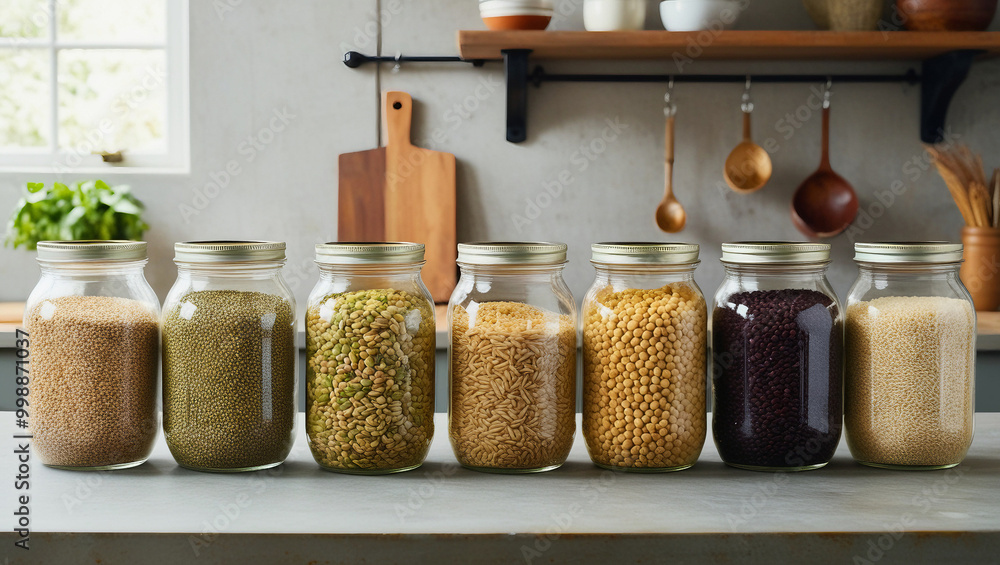 assortment of grains stored in glass jars neatly arranged on a kitchen counter assortment of grains stored in glass jars neatly arranged on a kitchen counter