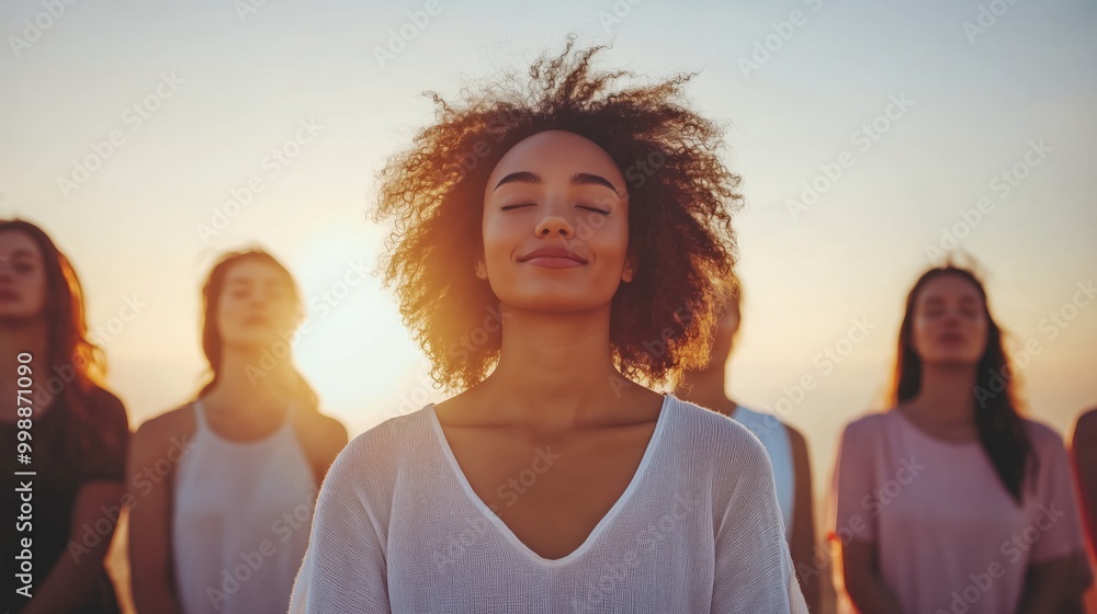 Group of women are sitting in a circle, with one of them smiling. The atmosphere is calm and tranquil, as they all seem to be enjoying the moment. The sun is shining brightly