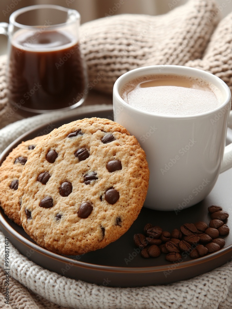 Enjoying a warm cup of coffee with a chocolate chip cookie on a cozy blanket in a well-lit room Enjoying a warm cup of coffee with a chocolate chip cookie on a cozy blanket in a well-lit room