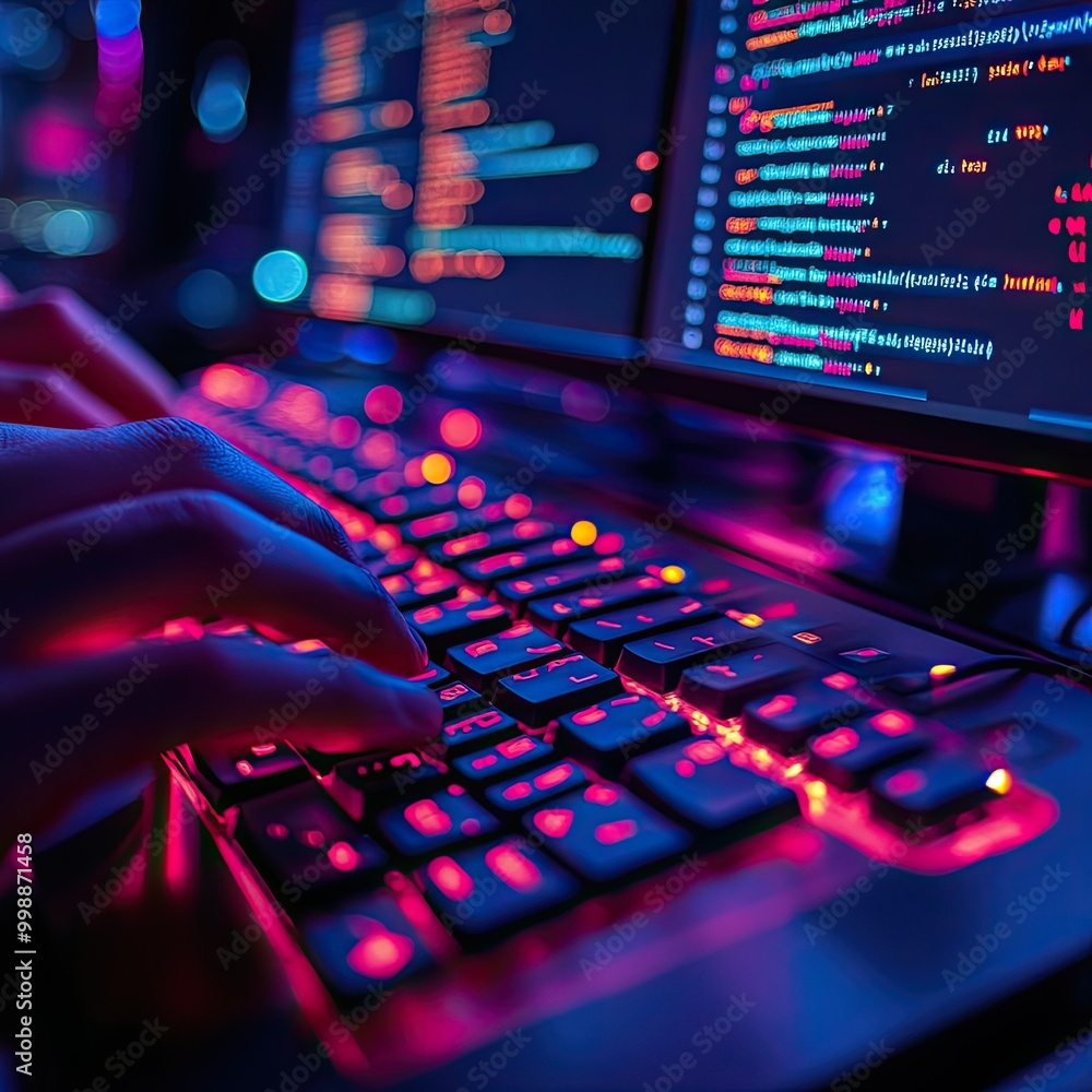 A person is typing on a computer keyboard with a red glow A person is typing on a computer keyboard with a red glow