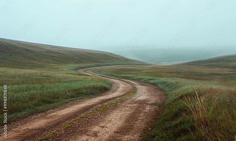 Road winds through a grassy field with a foggy sky overhead. The road is muddy and the grass is tall