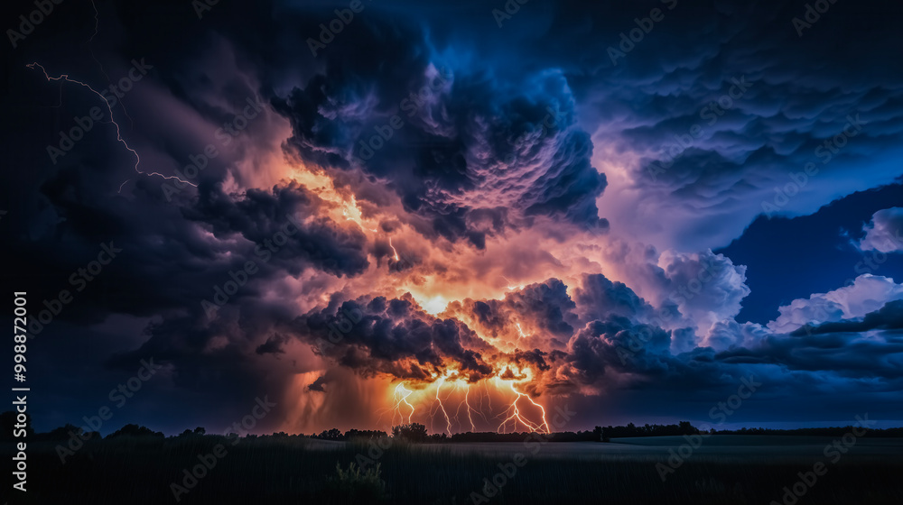 Fototapeta premium Stormy sky with lightning bolts and dark clouds. Scene is intense and dramatic