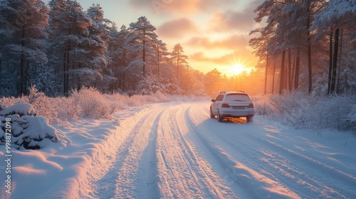 Car tires on winter road, Winter tire with detail of car tires in winter snowy season on the road covered.