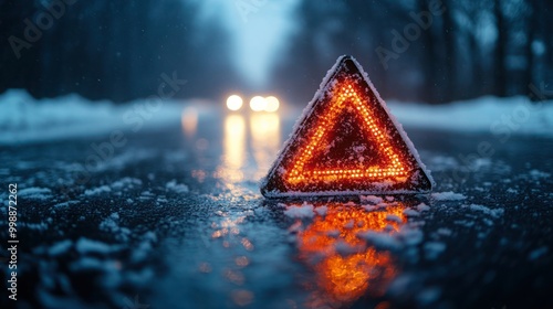 Car repair on the road in winter. Car triangle on winter road. Winter car breakdown